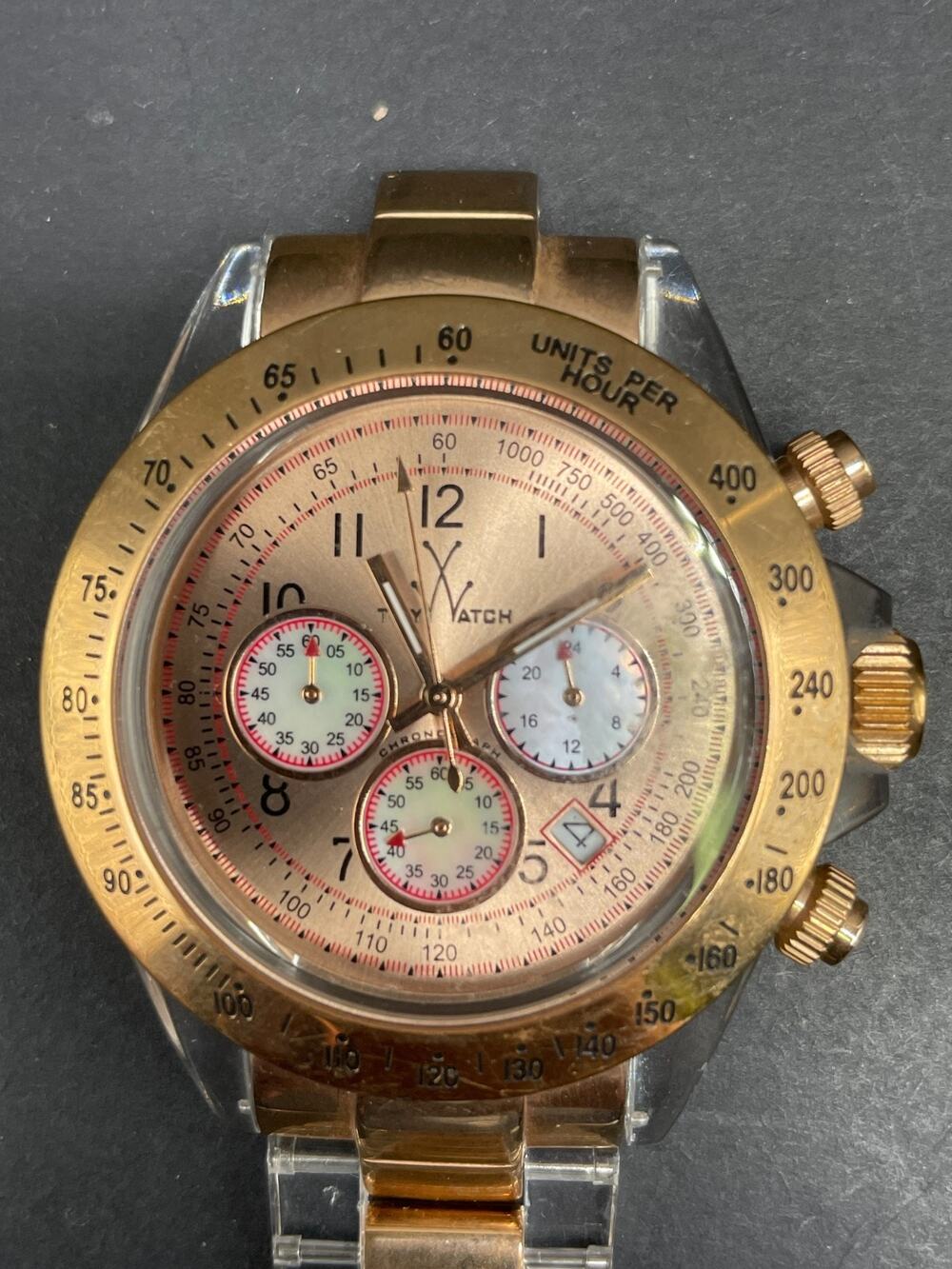 ToyWatch Rose Gold Tone Tachymeter Clear Acrylic Chronograph Watch 46MM